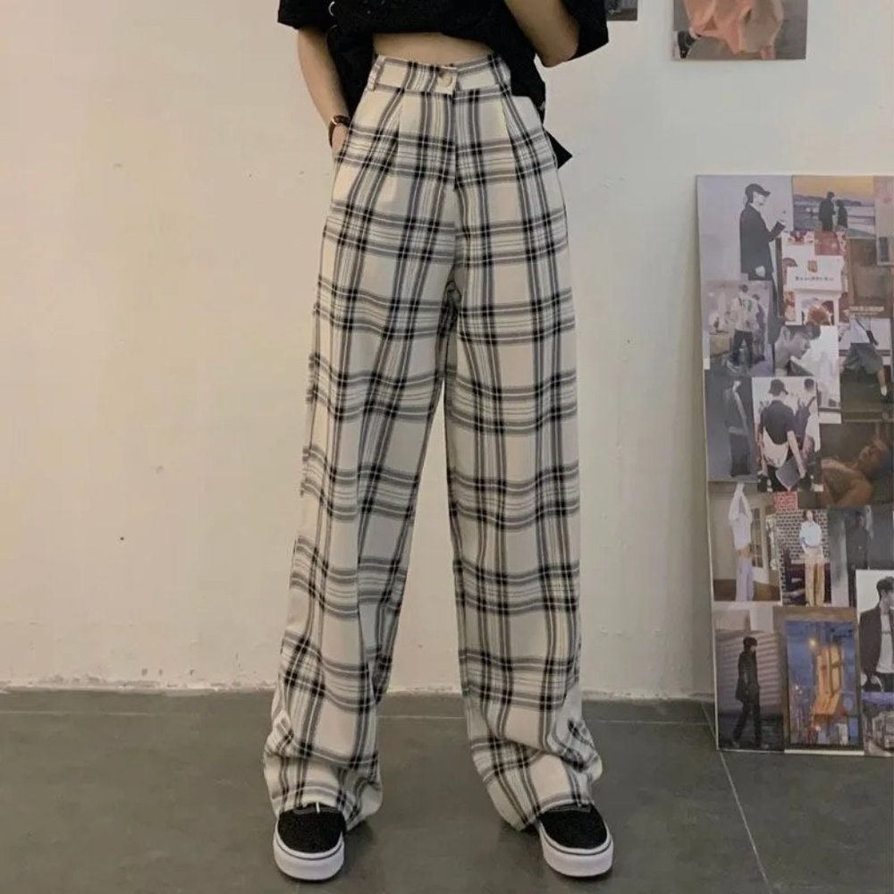 White Plaid Wide-Leg Pants